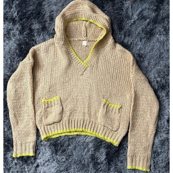 Dee Elly Knit Hoodie V-Neck Pullover Pockets Cropped Sweater Casual Size S‎ - Picture 1 of 5